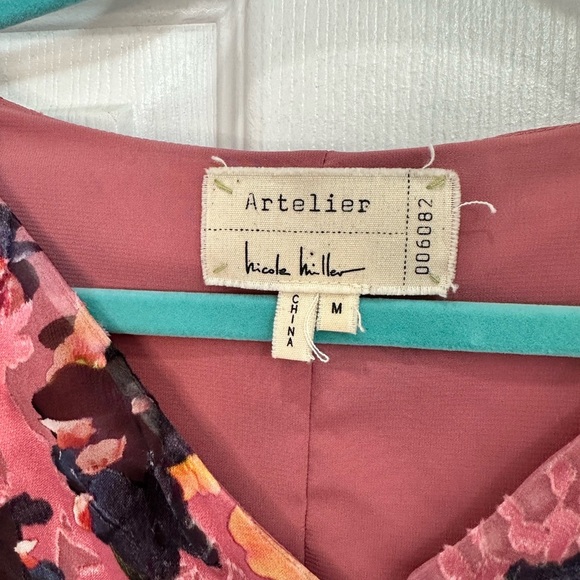 NICOLE MILLER Floral Print Silk Blouse Long Sleeve Burnout Ruffle Pink M… - Picture 5 of 7